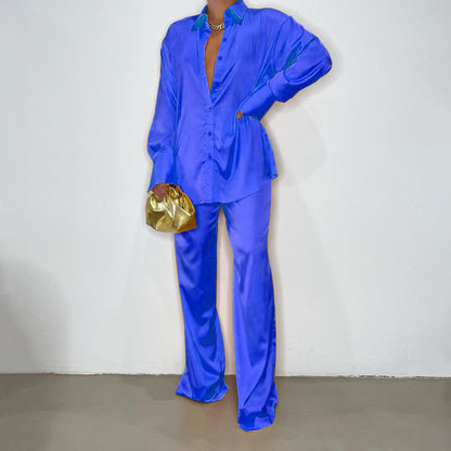 Conjunto de camisa y pantalón de manga larga holgado informal de satén multicolor para mujer