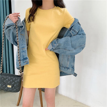 Women Casual Basic Candy Color Short Sleeve Round Neck Dress