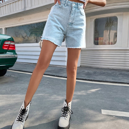 Fashion Casual Women Raw Hem Baisc Straight Denim Shorts