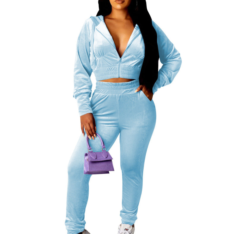 Conjunto deportivo de dos piezas para mujer, con capucha, pantalones y manga larga, elásticos y lisos