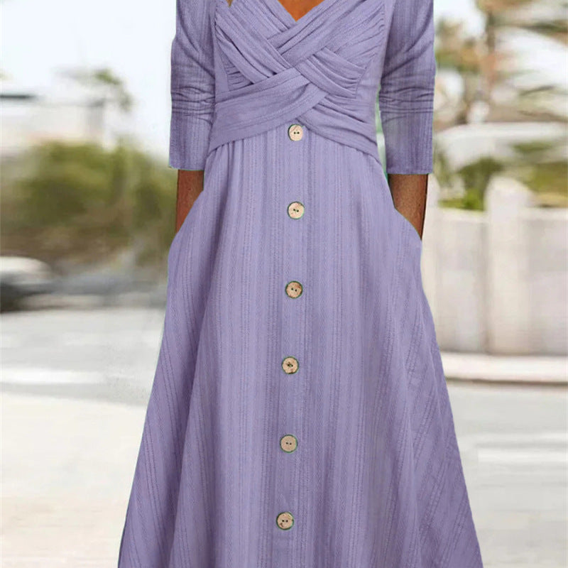 Casual Fashion Women Solid Color V Neck Cross Design Buttoned Maxi Dress
