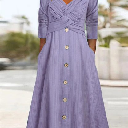 Casual Fashion Women Solid Color V Neck Cross Design Buttoned Maxi Dress