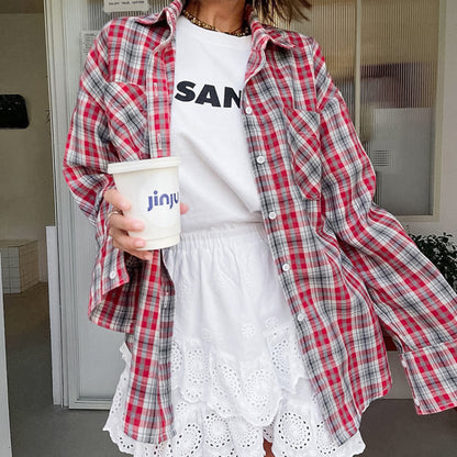 Camisa informal de manga larga a cuadros para mujer