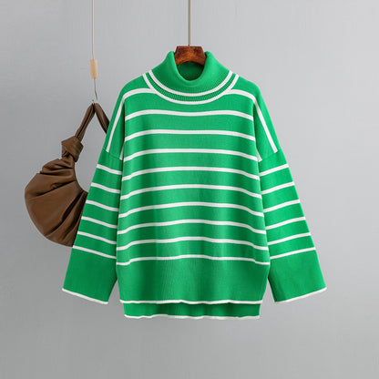 Autumn And Winter Women Casual Stripe Turtleneck Knitted Sweater