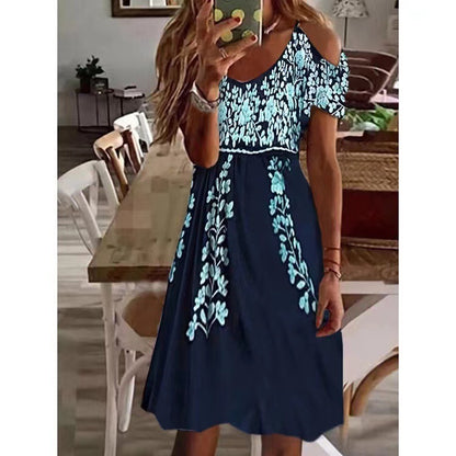 Women Bohemian Style Pleated Off-Shoulder Short-Sleeved Casual Midi Dress