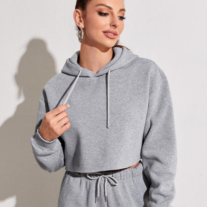 Sudadera corta básica informal de polar de color liso con mangas largas para mujer