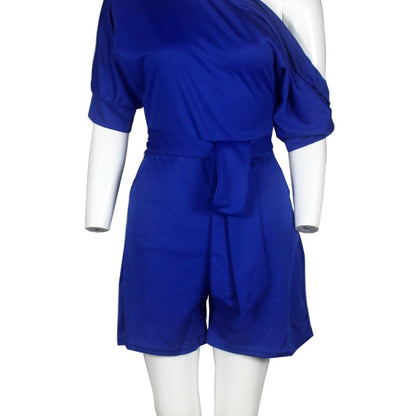 Women Casual Elegant Off-Shoulder Button Down Solid Color Short Sleeve Rompers