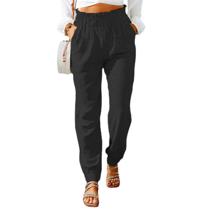 Women Ruffled Elastic Belt Mid Waist Solid Color Casual Jogger Pants