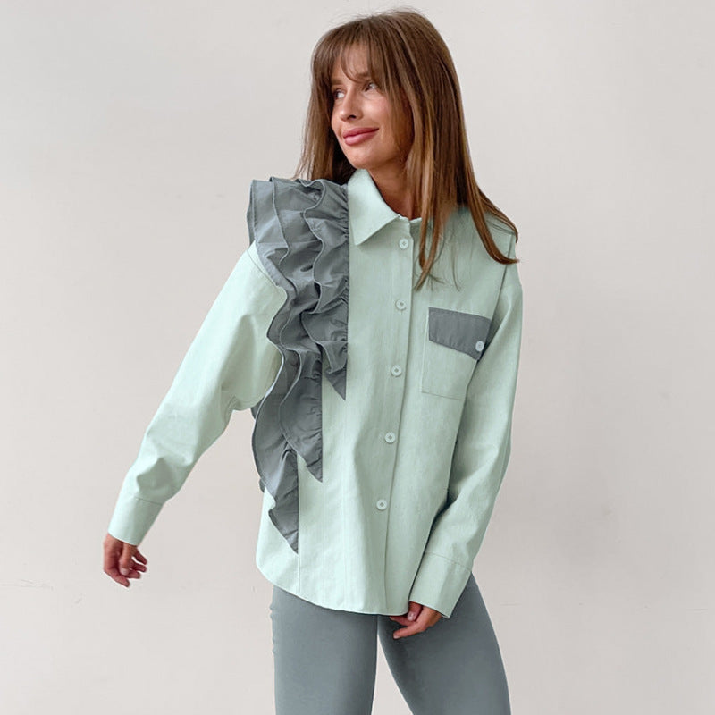 Fashion Office Women Unique Loose Contrast Color Ruffled Long Sleeve Casual Lapel Shirt Blouse