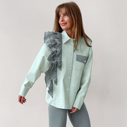 Fashion Office Women Unique Loose Contrast Color Ruffled Long Sleeve Casual Lapel Shirt Blouse