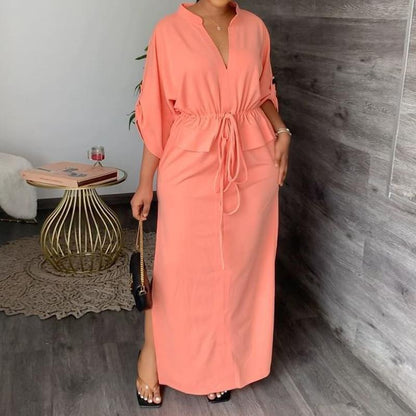 Women Solid Color Long Sleeve Stand Collar Waist Slit Loose Casual Long Dress