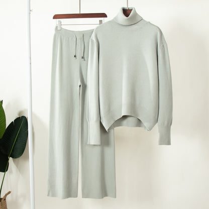 Suéter de punto de cuello alto de color liso para mujer, conjunto de dos piezas con pantalones anchos informales para otoño e invierno