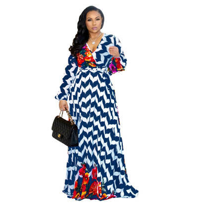 Women Fashion Casual Digital Printing V-Neck Long Sleeve Loose Dress