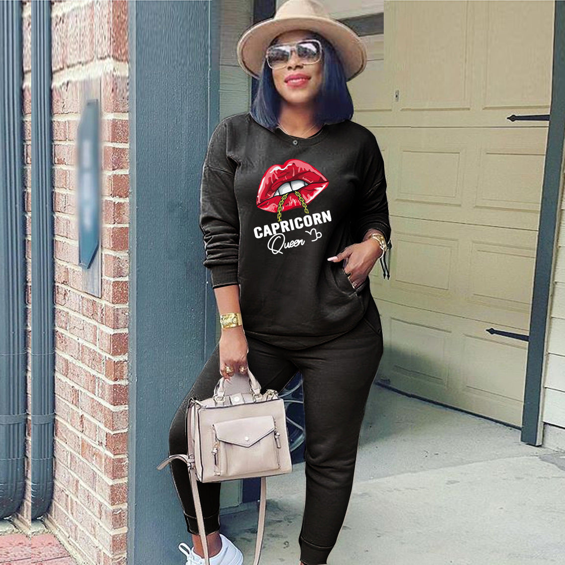 Conjunto deportivo de dos piezas para mujer, moda deportiva, sudadera de manga larga con estampado de labios y letras, pantalones casuales