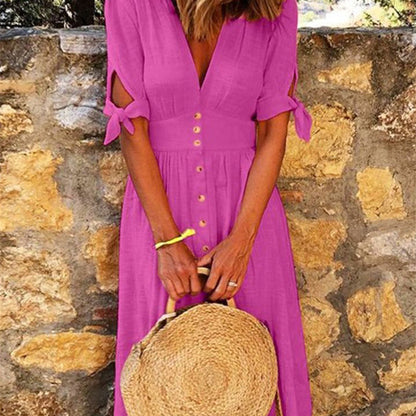 Women Casual Boho Short-Sleeved Defined Waist Multi-Button Midi Dress