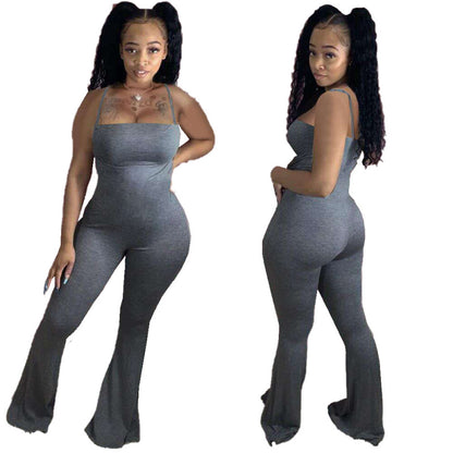 Women Solid Color Sling Skinny Flared Casual Jumpsuit