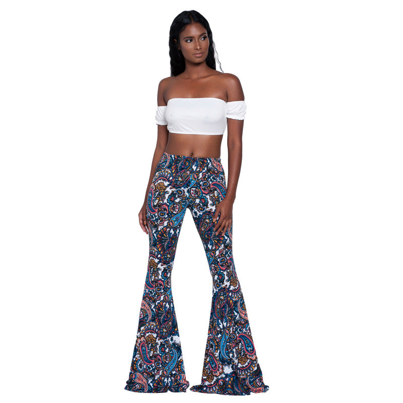 Women Printed High Waist Fashion Casual Flared Pants