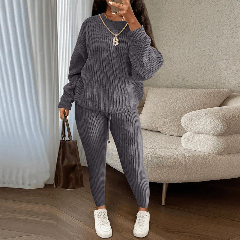 Fashion Casual Women Solid Color Knitted Long Sleeve Sweater And Pants Set