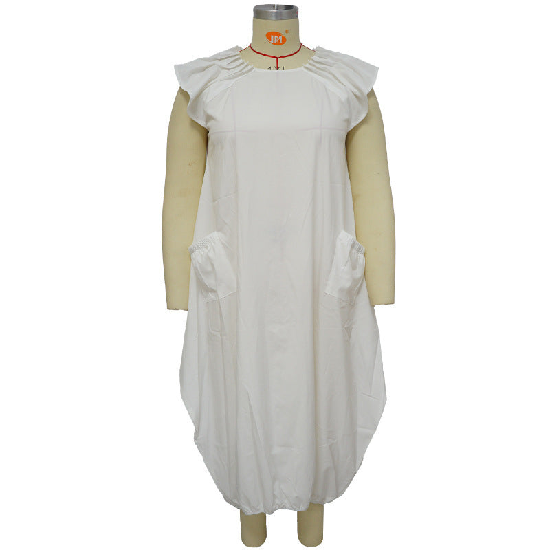 Vestido holgado informal de talla grande con mangas casquillo y volantes de color liso a la moda para mujer