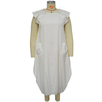Vestido holgado informal de talla grande con mangas casquillo y volantes de color liso a la moda para mujer