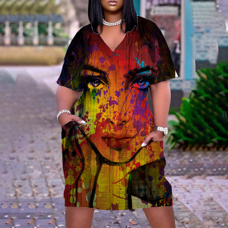 Women Casual Graffiti Printed Vintage 3D Pocket Loose Plus Size Dress