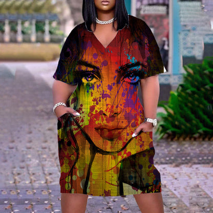 Women Casual Graffiti Printed Vintage 3D Pocket Loose Plus Size Dress