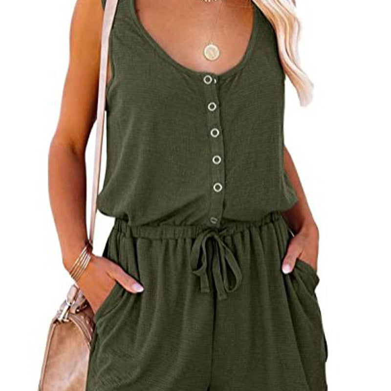 Women Sleeveless Waist Tie Casual Loose Wide Leg Short Rompers