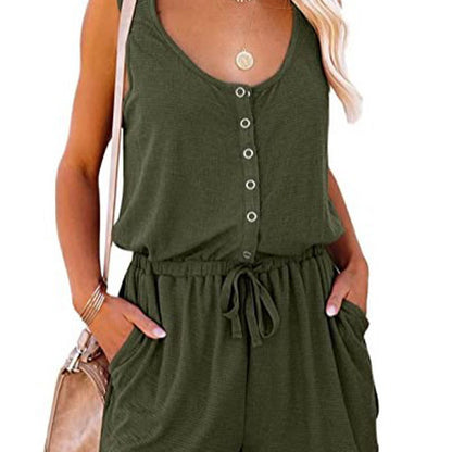 Women Sleeveless Waist Tie Casual Loose Wide Leg Short Rompers