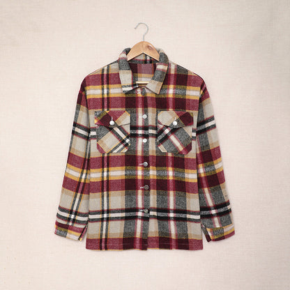 Abrigo informal con solapa y estampado a cuadros para mujer, otoño e invierno