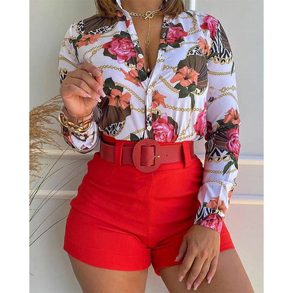 Conjunto de dos piezas de camiseta y pantalones cortos con cuello alto, estampados y manga larga para mujer