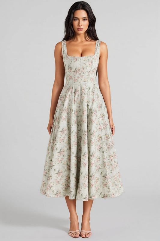 Yaralt Sage Floral Print Cotton Midi Dress