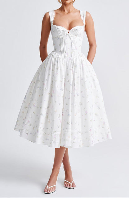 Romanadia Midi Dress - White Multi Floral Print