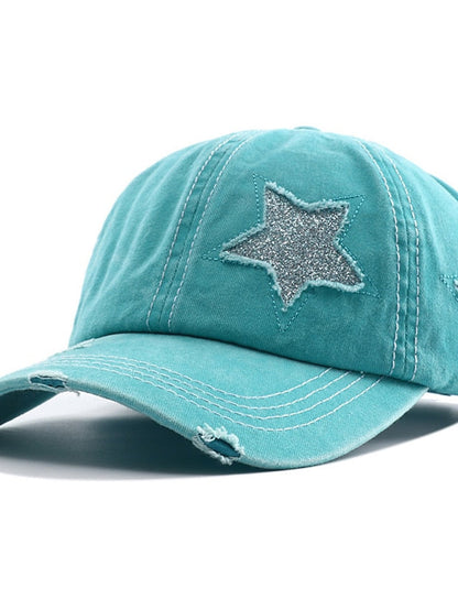 Men Washed Cotton Baseball Cap Glitter Star Embroidery Vintage Distressed Messy High Bun Ponytail Hole Trucker Hat Adjustable Sun Hat for Women