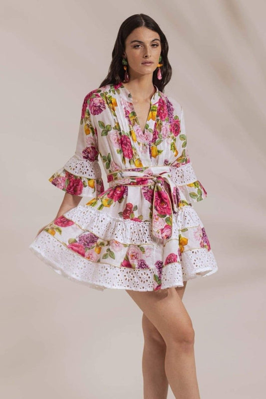 Minivestido con volantes y ribete de encaje estampado Melissa