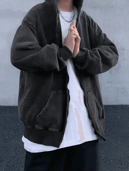 Dark Vintage Oversized Wash Zip Up Hoodie Men