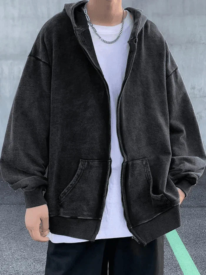 Dark Vintage Oversized Wash Zip Up Hoodie Men