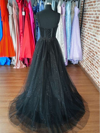 A-Line Prom Dresses Glitter Formal Gothic Dress Graduation Floor Length Sleeveless Sweetheart Spaghetti Tulle with Slit 2023