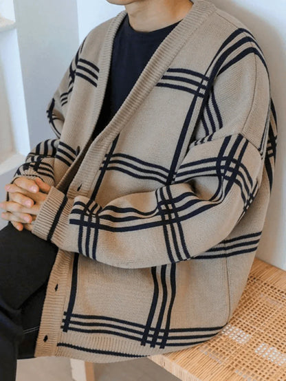 Men's V Neck Checkered Cardigan
