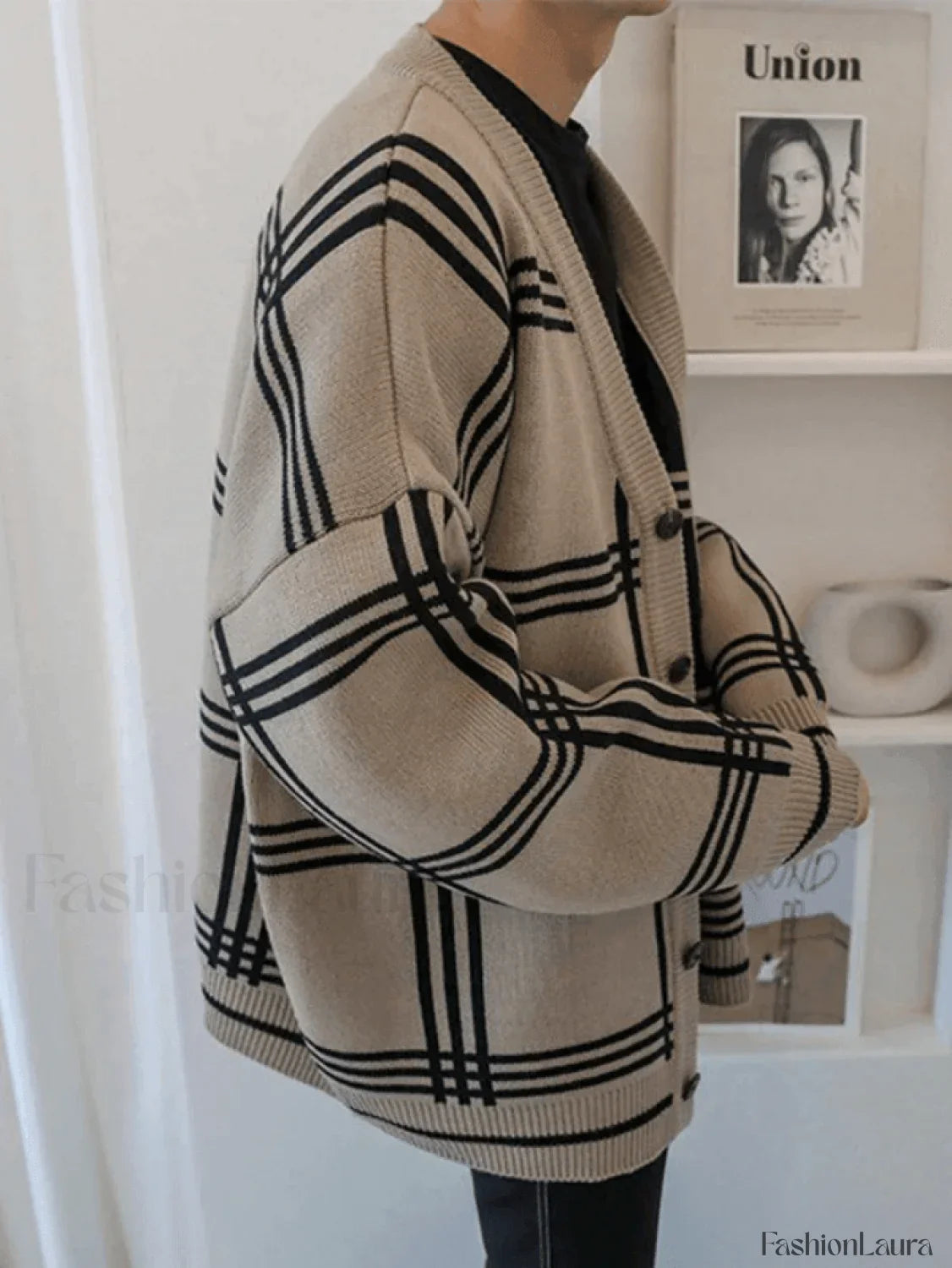 Men's V Neck Checkered Cardigan