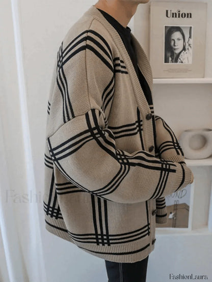 Men's V Neck Checkered Cardigan