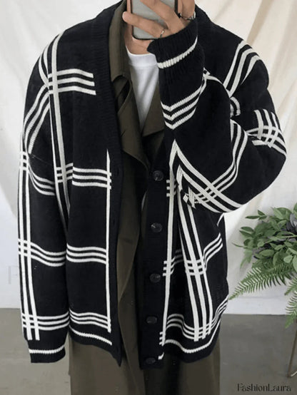 Men's V Neck Checkered Cardigan