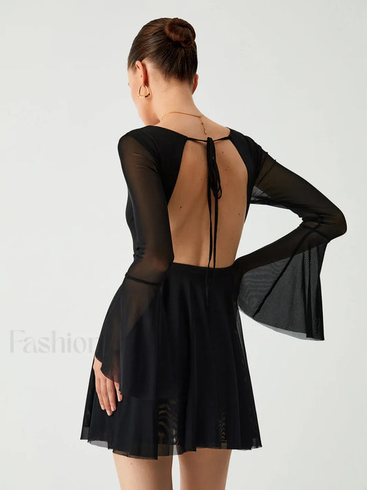 Mesh Flare Sleeve Trendy Open Back Short Dress