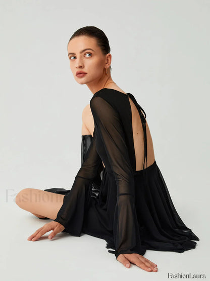 Mesh Flare Sleeve Trendy Open Back Short Dress