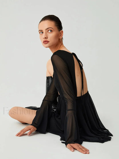 Mesh Flare Sleeve Trendy Open Back Short Dress