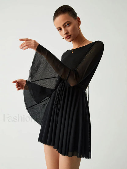 Mesh Flare Sleeve Trendy Open Back Short Dress