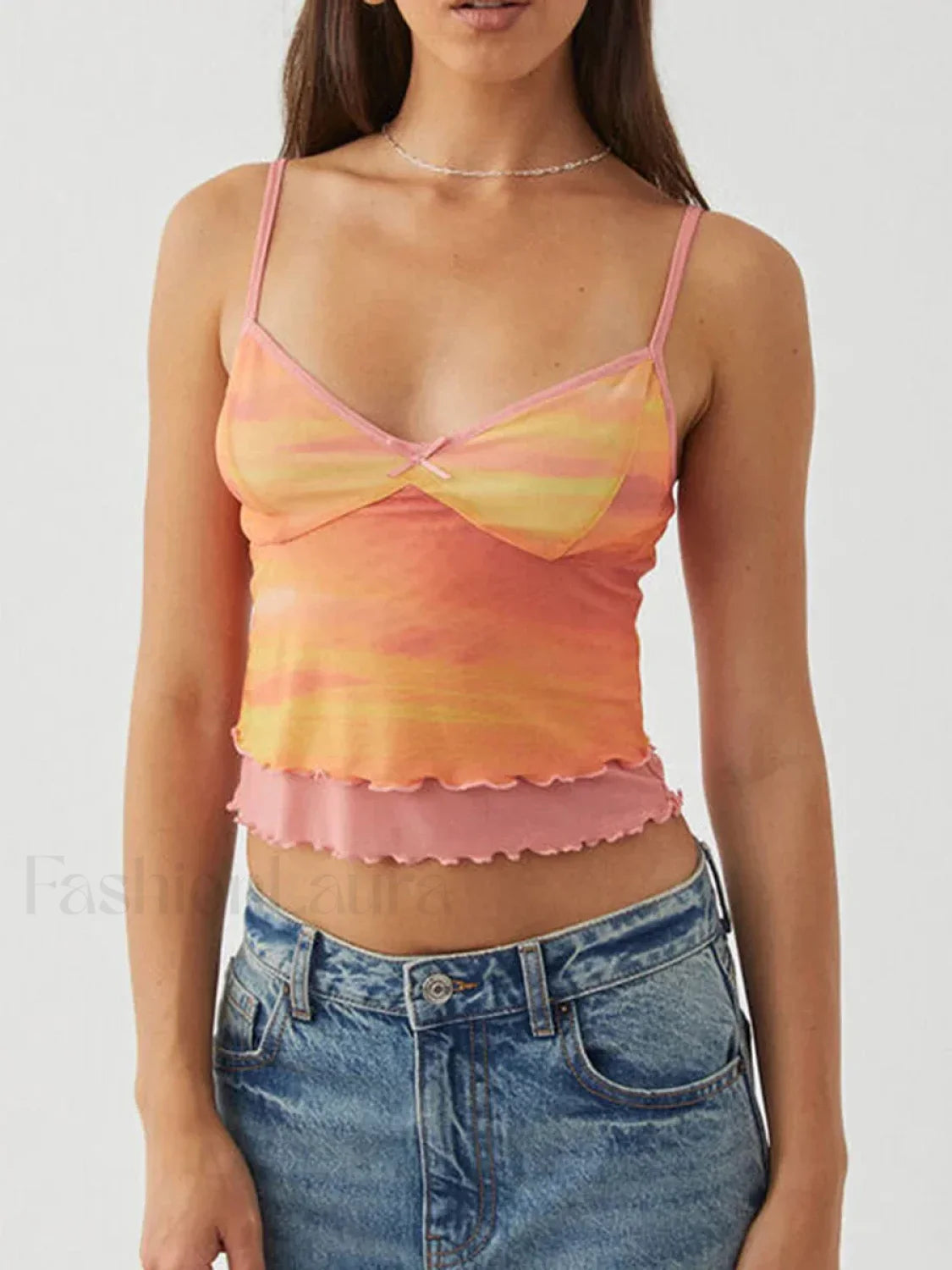 Mesh Graphic Bow Ruffle Crop Top
