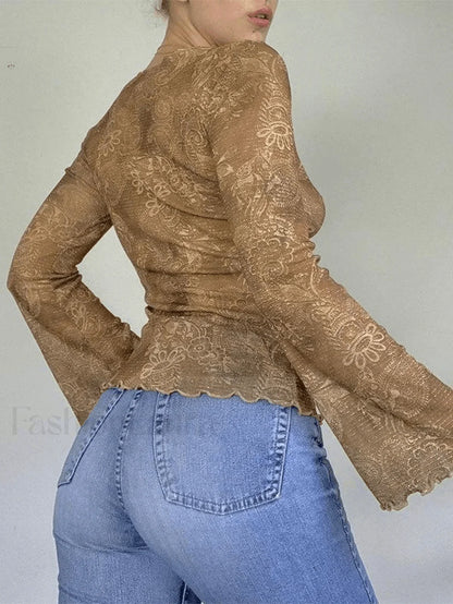 Mesh Lace Up Printed Blouse