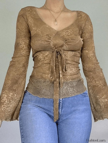 Mesh Lace Up Printed Blouse