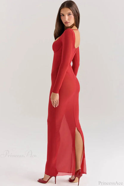 Mesh Long Sleeve Fitted Elegant Maxi Dress
