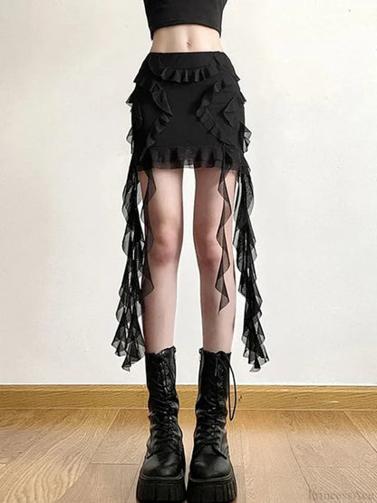 Mesh Patchwork Ruffled Mini Skirt